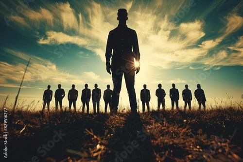 A leader silhouette standing at the forefront, their stance exuding confidence and decisiveness, while the team shadows behind, ready to follow their lead. photo