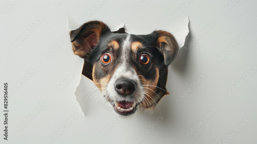 Dog Peeking Through Hole in Wall
