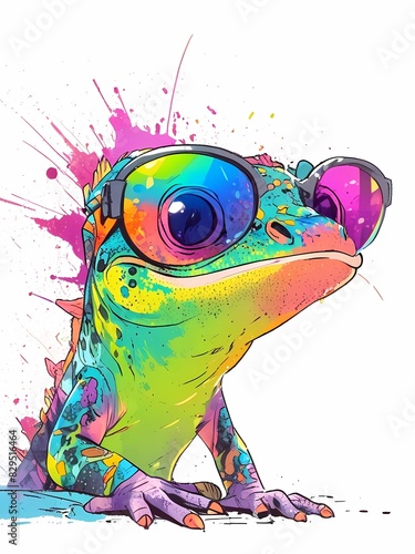 adorable gecko wear sunglasses with color ink splash art illistration photo
