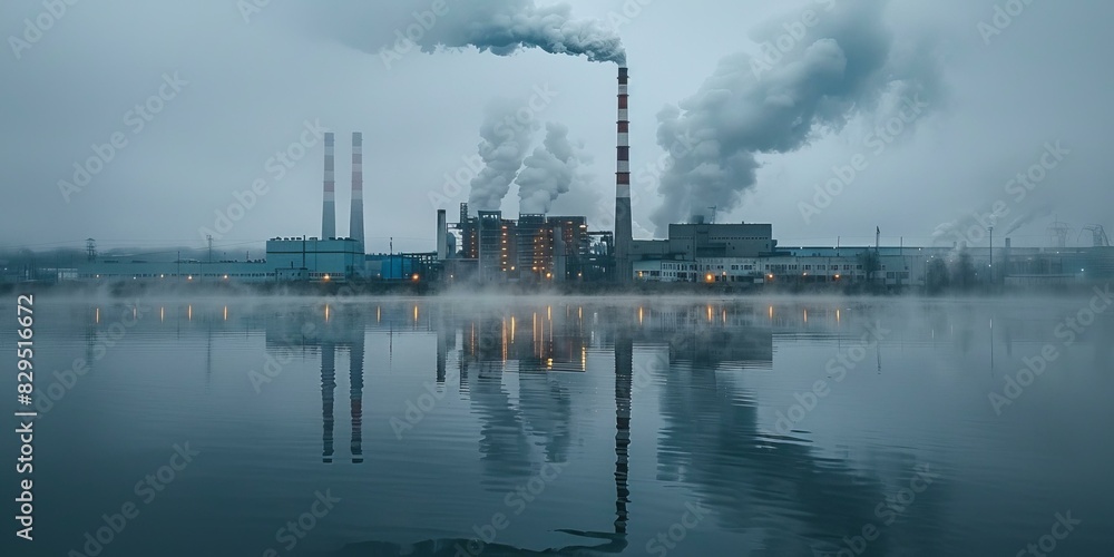 Industrial Landscape with Factory Chimneys Emitting Smoke into the Lake