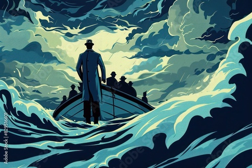 A leader silhouette, standing at the bow of a ship, guiding their team through stormy seas toward calmer waters. photo