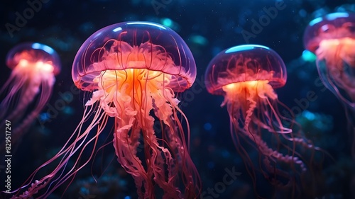 Amazing and out-of-this-world sight of a medusa jellyfish glowing in the glow of a neon light, surrounded by the aquatic life of the ocean. Generative AI 
