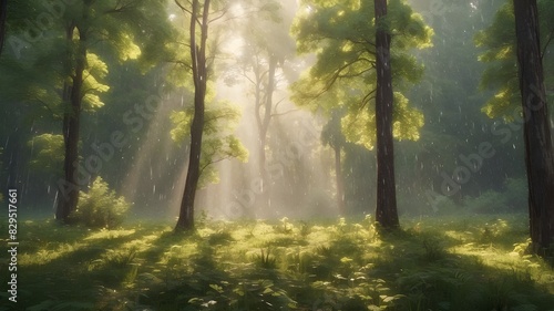 Direct sunshine illuminates a lush woodland amid the rain. Generative AI