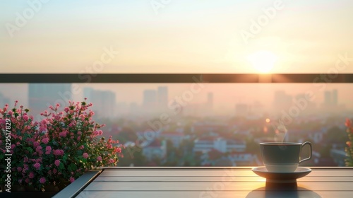 Serene Morning Coffee Break Overlooking the Metropolis with Copy Space for Text