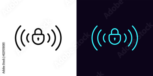 Outline remote lock icon, with editable stroke. Wireless lock sign with radio waves. Remote protection, distance lock and unlock, remote block and unblock system, wireless security control. Vector