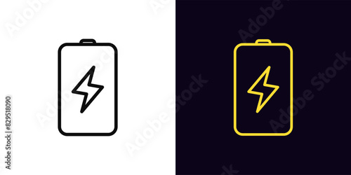 Outline battery icon, with editable stroke. Battery sign with electric lightning. Charging accumulator, electric energy and fuel, smart battery charging, recharge, fast charge effect. Vector icon