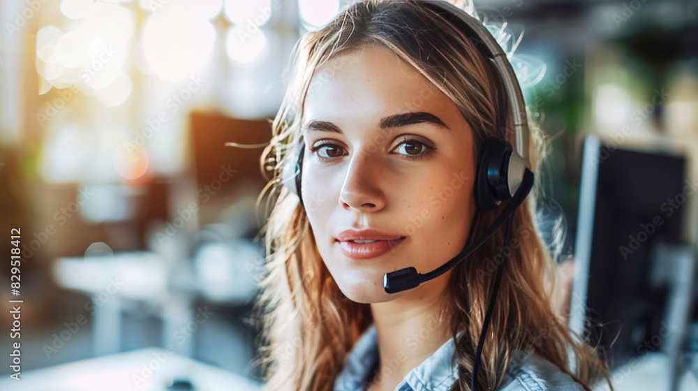 A young call center woman with headset working on computer in office A young call center woman with headset working on computer in office