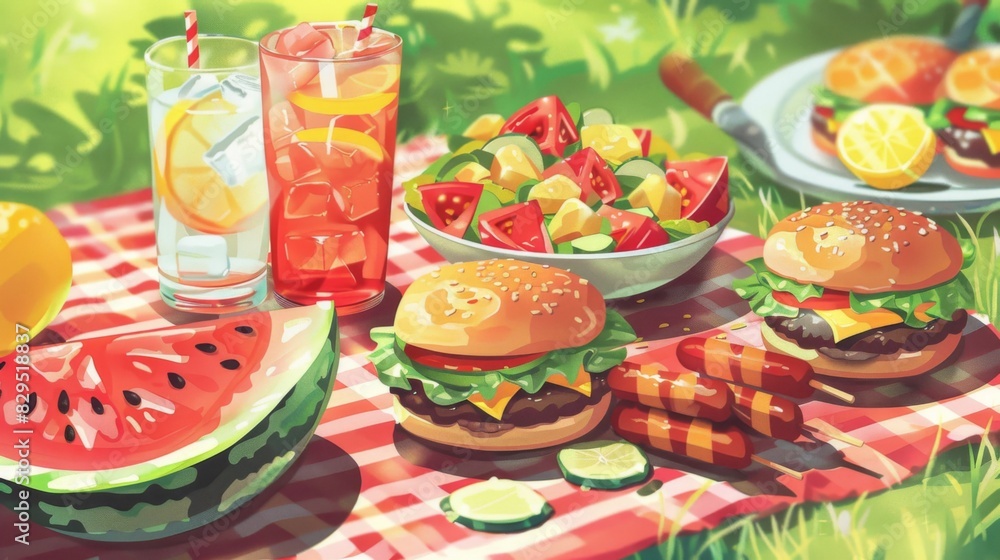 A backyard picnic spread with grilled burgers, hot dogs, potato salad, watermelon slices, and ice-cold lemonade. A backyard picnic spread with grilled burgers, hot dogs, potato salad, watermelon slices, and ice-cold lemonade.