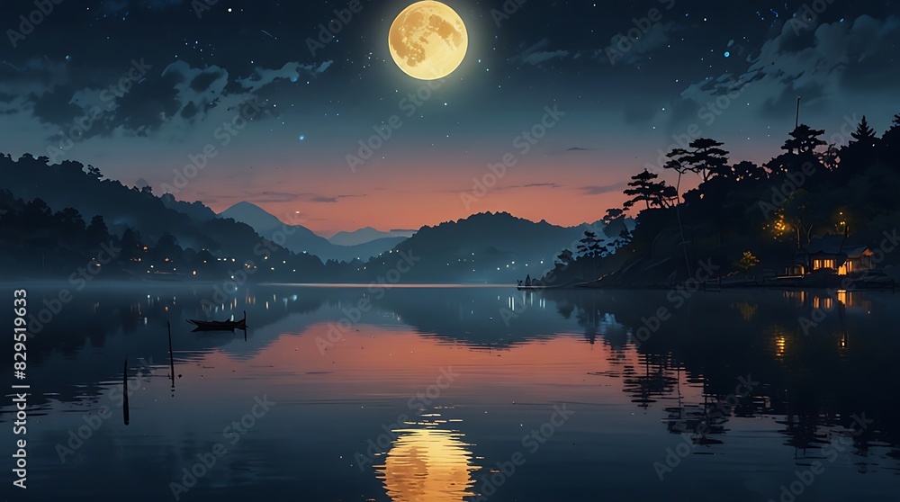 full moon rising over a lake, with a forest on the shore and a starry sky above. full moon rising over a lake, with a forest on the shore and a starry sky above.