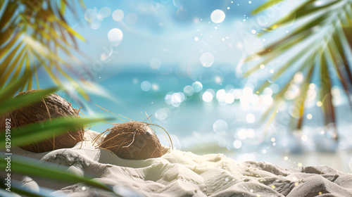 sand coconut palm leaves above ocean blur background summer banner promotion