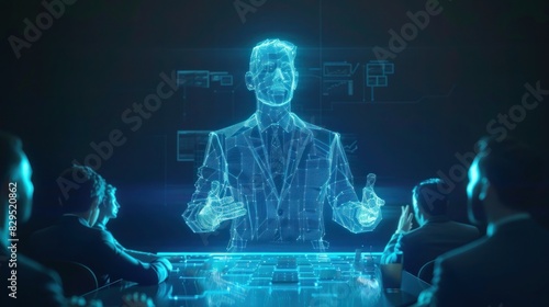 A holographic representation of a leader fostering a culture of transparency and accountability within their organization, promoting trust and integrity.