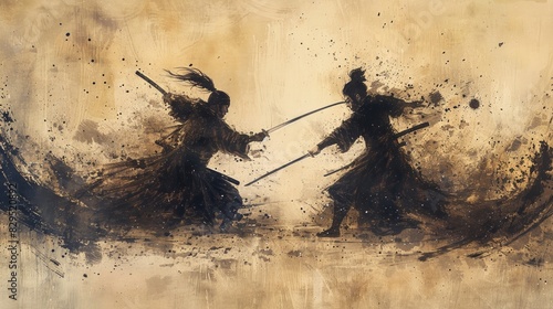 The clash of two samurai, one traditional, one modern, in a dojo, honor, skill, conflict