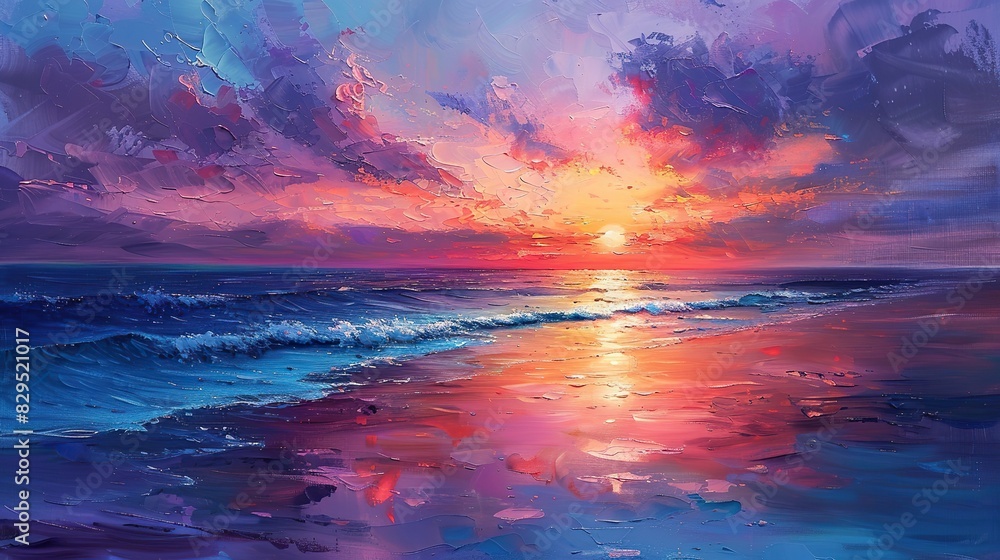 A vibrant painting of a tranquil beach at sunrise.