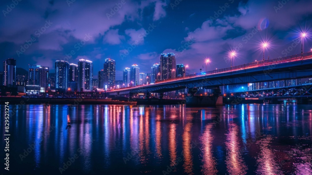 A beautifully illuminated bridge spanning a calm river at night, with the city skyline reflecting on the water.
