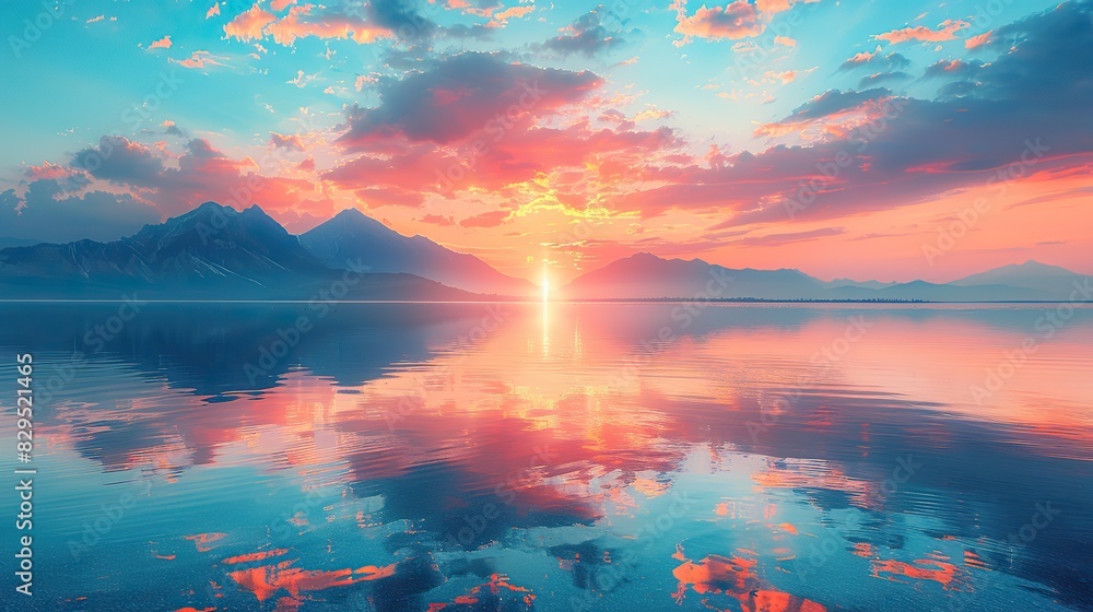 Naklejka premium A vibrant image of a serene lake with a glowing reflection.