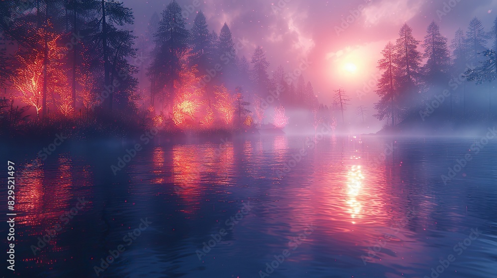A vibrant image of a serene lake with a glowing reflection. A vibrant image of a serene lake with a glowing reflection.