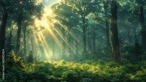 An illustration of a peaceful forest with beams of light shining through.