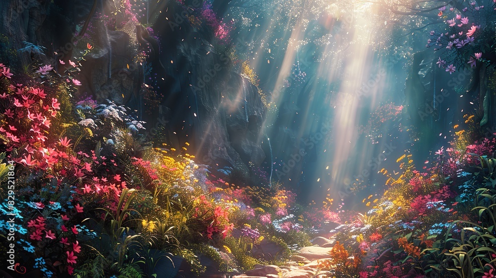 A digital painting of a peaceful garden with a glowing aura. A digital painting of a peaceful garden with a glowing aura.