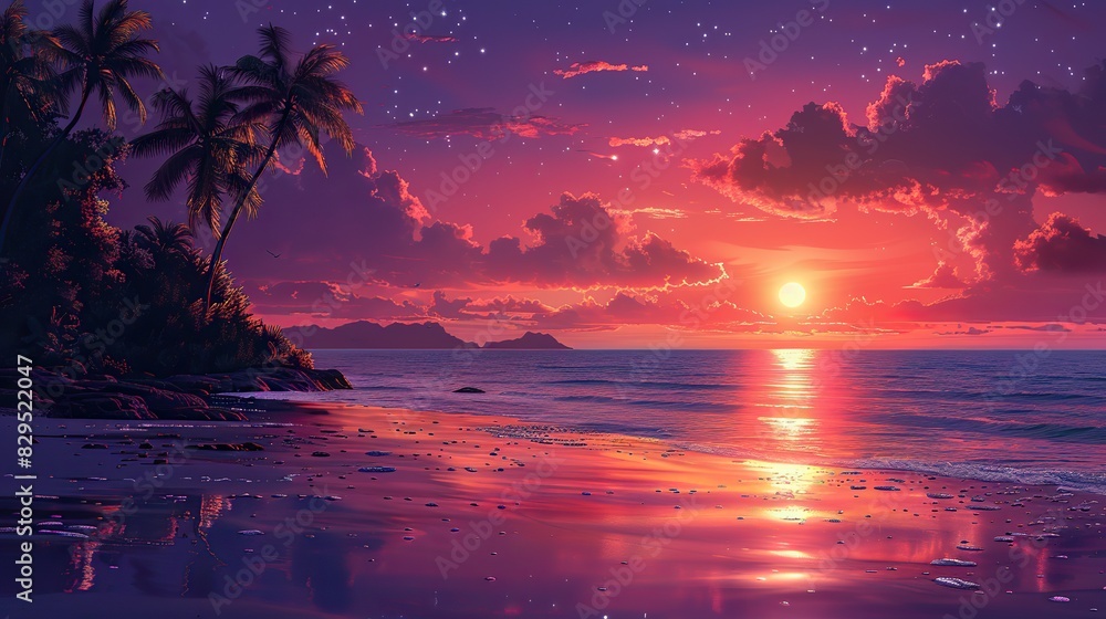 A vibrant illustration of a tranquil beach with a radiant sunset.