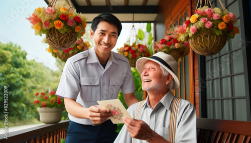 Image of a cheerful postman handing over an envelope. The concept of not forgetting loved ones.