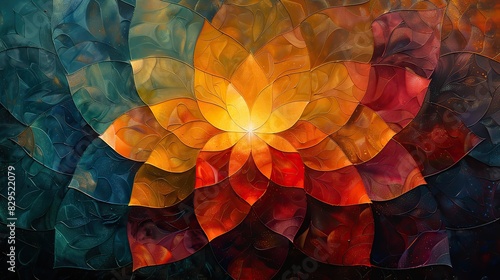 An abstract painting of a mandala radiating light.