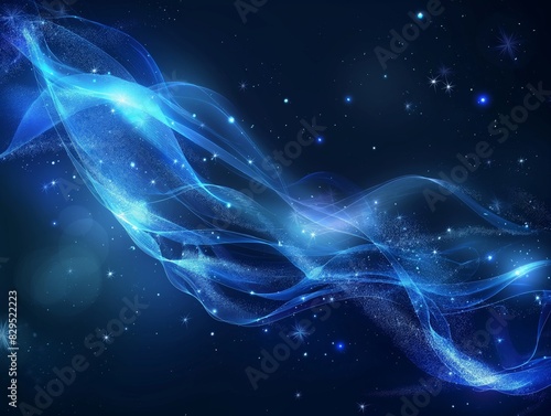 Abstract blue light waves flowing through a starry night sky, evoking a sense of cosmic energy and tranquility.