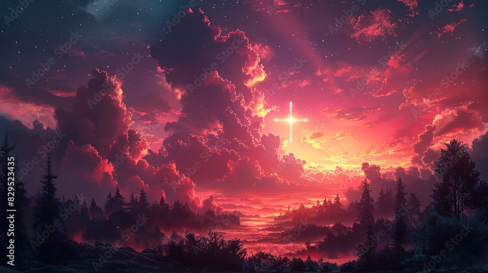 An illustration of a glowing cross floating in a serene sky. An illustration of a glowing cross floating in a serene sky.