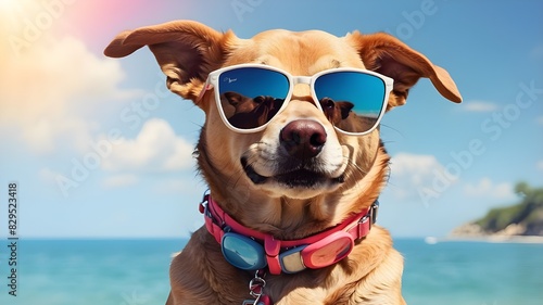 Summertime seaside dog wearing sunglasses, produced by Generative AI