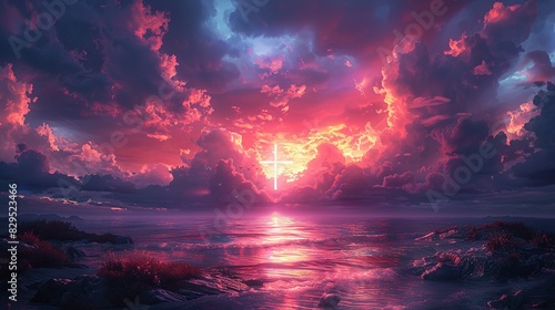 An illustration of a glowing cross floating in a serene sky.