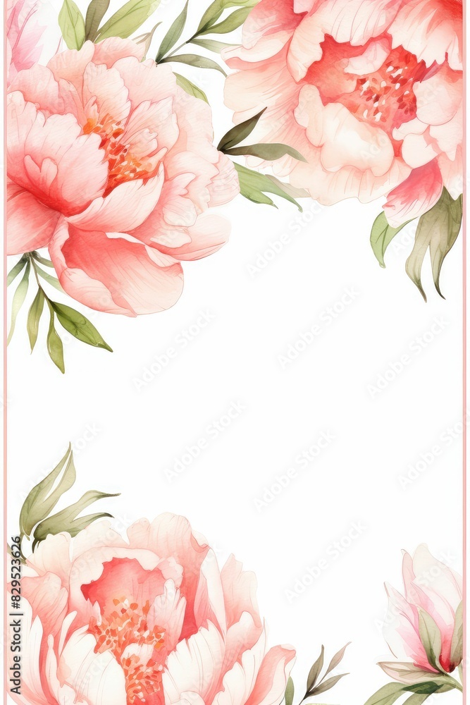 peony themed frame or border for photos and text. watercolor illustration, Perfect for nursery art, simple clipart, single object, white color background. for design card, postcard, textile, flyer.