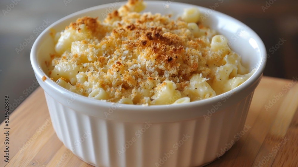 A bowl of creamy macaroni and cheese with a crispy breadcrumb topping, a beloved comfort food dish for all ages. A bowl of creamy macaroni and cheese with a crispy breadcrumb topping, a beloved comfort food dish for all ages.