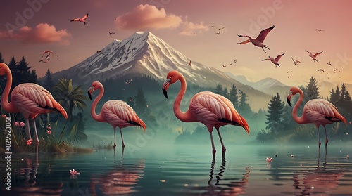 A large group of pink flamingos standing in a blue-green body of water with green foliage
