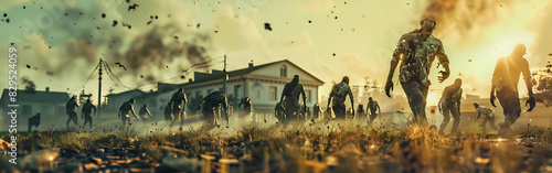 A terrifying apocalypse scene featuring a Horde of Walking Zombies wasteland background 