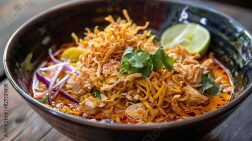 A bowl of khao soi (Northern Thai curry noodles) with chicken, topped with crispy noodles and lime wedges. photo