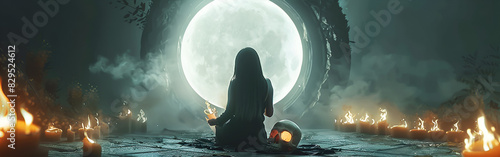 A woman sits in a dark forest with a candel light in the middle of it with  inner thought in tranquil night

 photo
