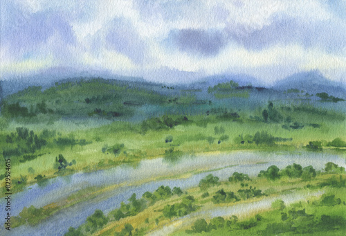 Beautiful landscape, panoramic illustration. River flowing between green fields and hills of the countryside with forest. Hand drawn watercolor painting