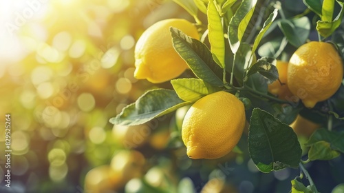 Vibrant bunches of fresh yellow ripe lemons with lush green leaves, lemon tree in soft focus background - organic citrus harvest concept