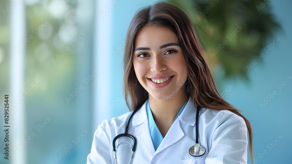 Confident and Cheerful Young Medical Administrator in Uniform Posing Against Bright Background Confident and Cheerful Young Medical Administrator in Uniform Posing Against Bright Background