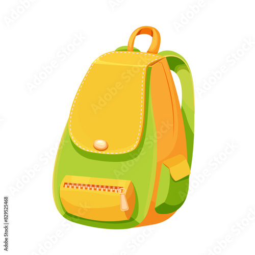 School backpack knapsack study bag, equipment, kids bag with pockets bright colors isolated on white background. Accesory for suplies, baggage.