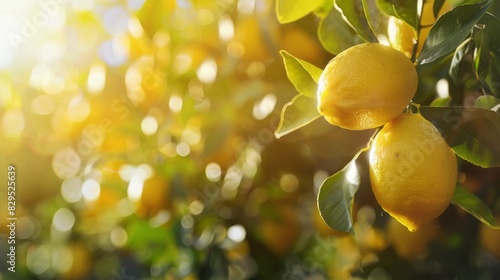 Vibrant bunches of fresh yellow ripe lemons with lush green leaves, lemon tree in soft focus background - organic citrus harvest concept