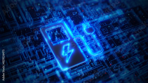 Battery charging icon on circuit board background, Energy battery storage future, Battery to electric cars and mobile devices with clean electricity, Technology battery high power. 3d Rendering