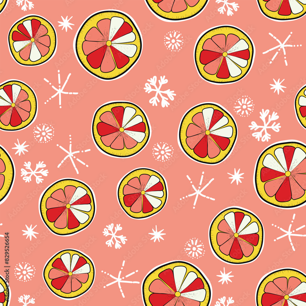 Seamless Christmas cozy winter New Year pattern with cute oranges, lemons, plants and snawflakes on color background. Vector illustration. Design for print, invitation, poster, card, fabric, textile Seamless Christmas cozy winter New Year pattern with cute oranges, lemons, plants and snawflakes on color background. Vector illustration. Design for print, invitation, poster, card, fabric, textile