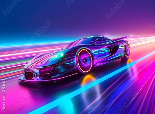 Futuristic Luxury Car On Neon Highway. Powerful acceleration of a premium car with colorful lights © Ali
