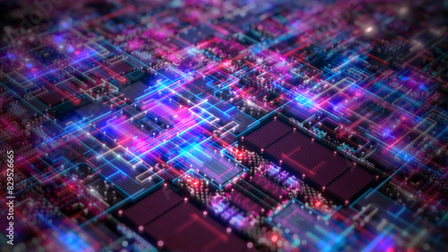 Futuristic neon circuit board technology, Close-up of circuit board with vivid pink and blue lights, Advanced technology digital data network and data transmission. 3d rendering