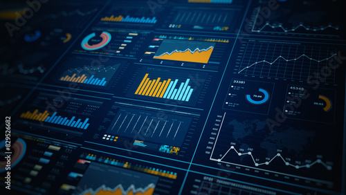 Data analytics dashboard display. Business and financial investment. HUD infographic of financial. Information reports of business strategy for investment. 3d rendering