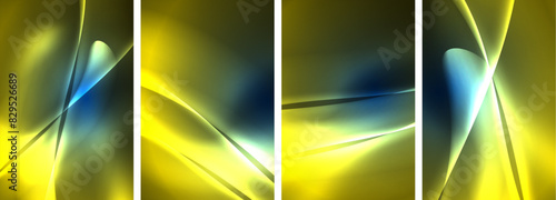Neon Lines Waves. Abstract Background Poster Collection. Captivating array of vibrant designs, pulsating with dynamic energy against a dark backdrop. Explore the mesmerizing allure of neon waves