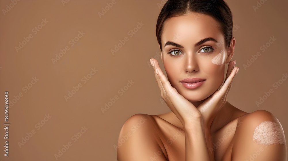Beautiful woman with clear skin. Simple makeup on young model's face. Beauty and skincare concept. Studio shot with soft lighting. AI Beautiful woman with clear skin. Simple makeup on young model's face. Beauty and skincare concept. Studio shot with soft lighting. AI