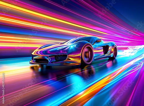 A sleek, cutting-edge car illuminated by neon lights on its sides zooms through the city streets at night, A sleek sports car in bright neon colors,
