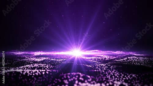 Purple Sparkling particles wave flow and light abstract luxurious background, Digital cyberspace, 3d rendering