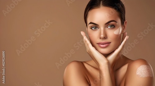 Beautiful woman with clear skin. Simple makeup on young model's face. Beauty and skincare concept. Studio shot with soft lighting. AI